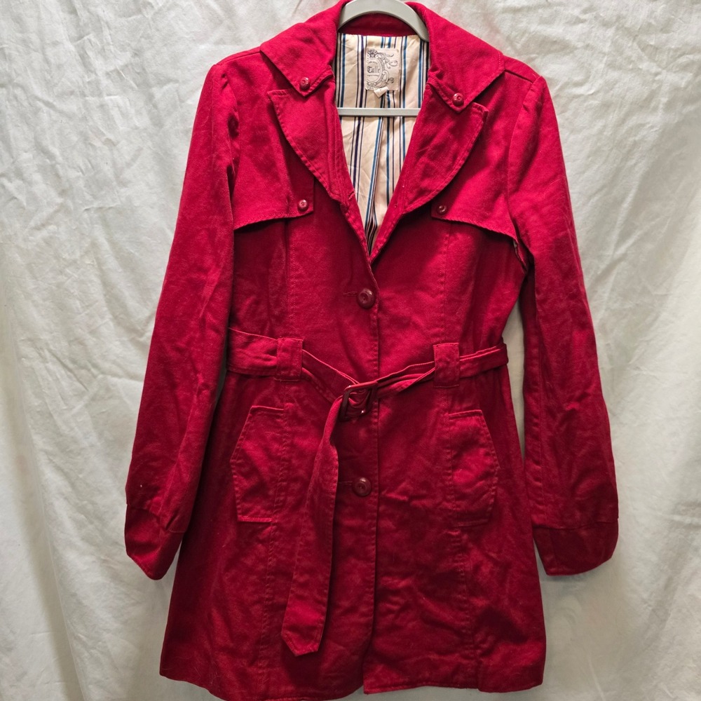 Tulle Red Cotton Trench Coat Belted Women's Size Large